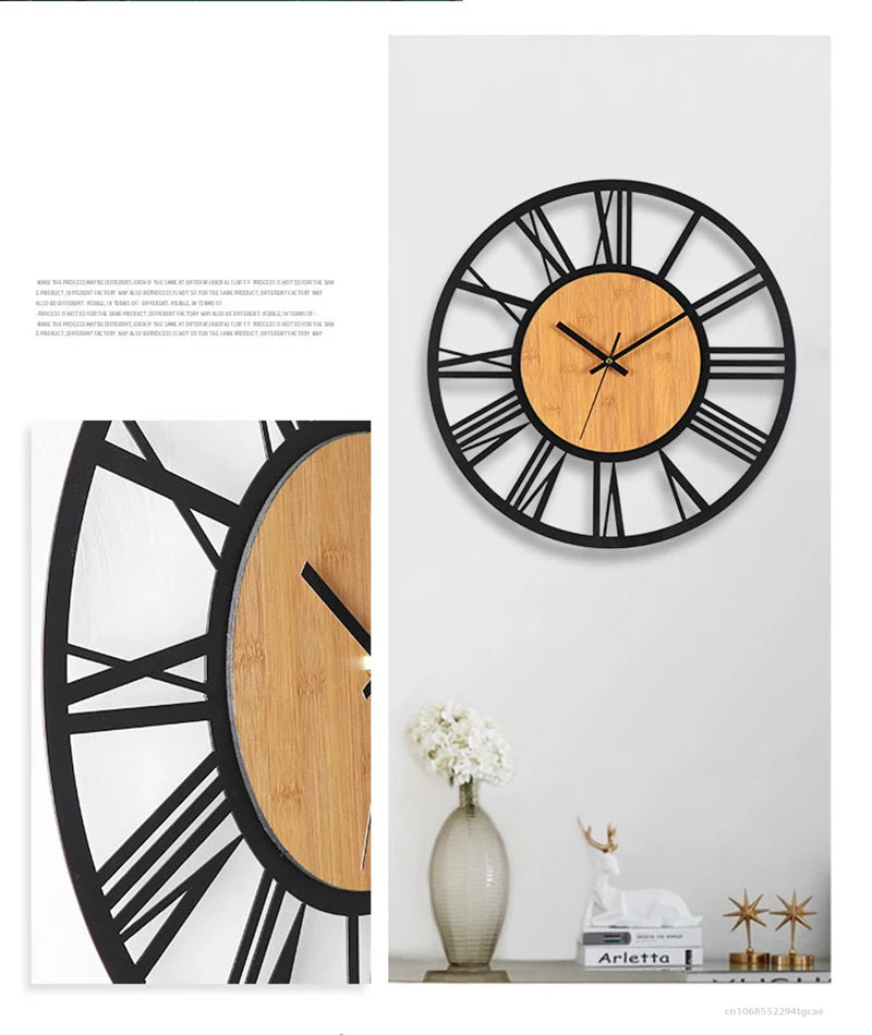 3D Large Wall Clocks Nordic Roman Numerals Retro Round Wood Metal Iron Accurate Silent Hanging Ornament Living Room Decoration
