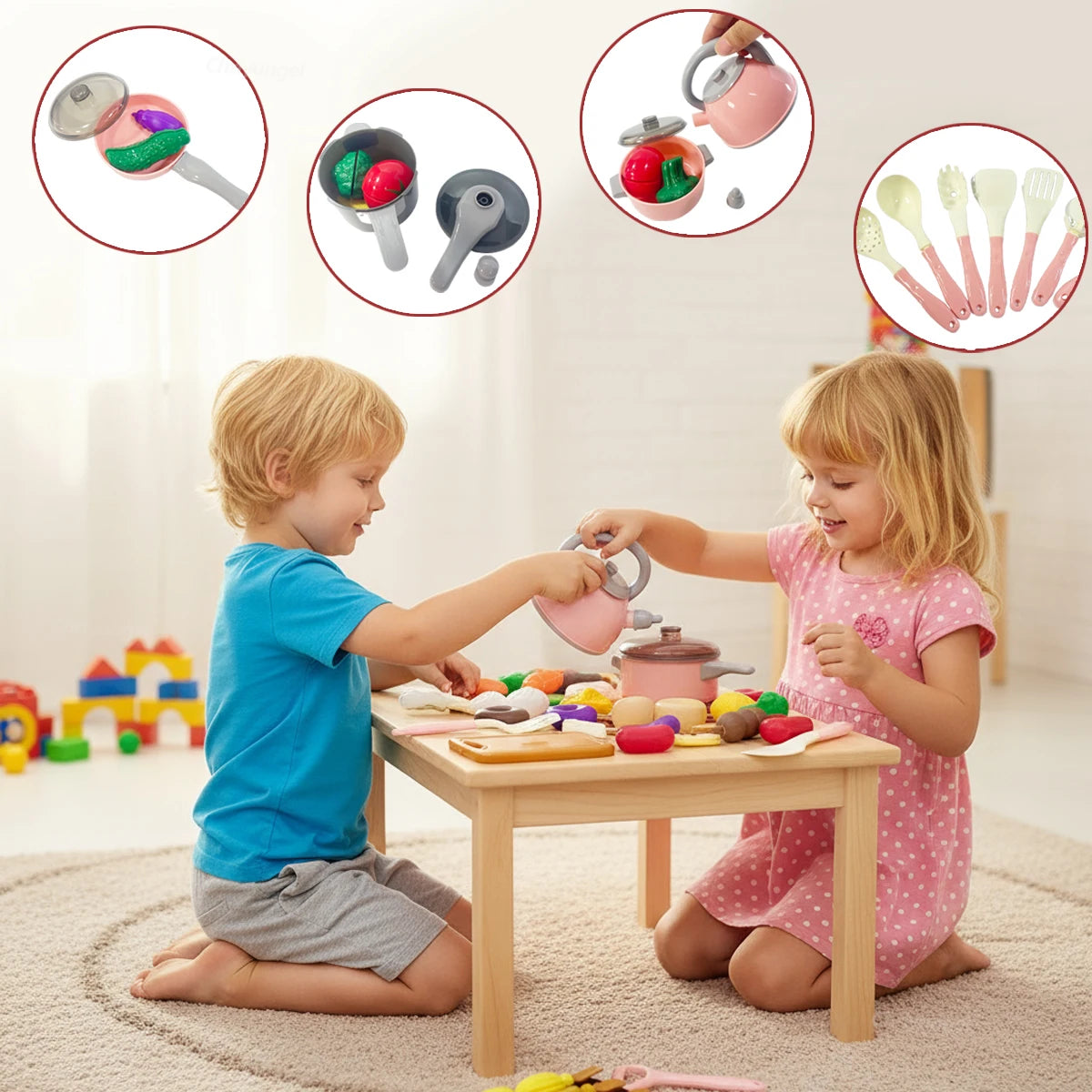 Kids Play Kitchen Toys Set Mini 92/69/59 PCS Pretend Cooking Food with Pots Pans Utensils for Toddlers Girls Boys Children Gift