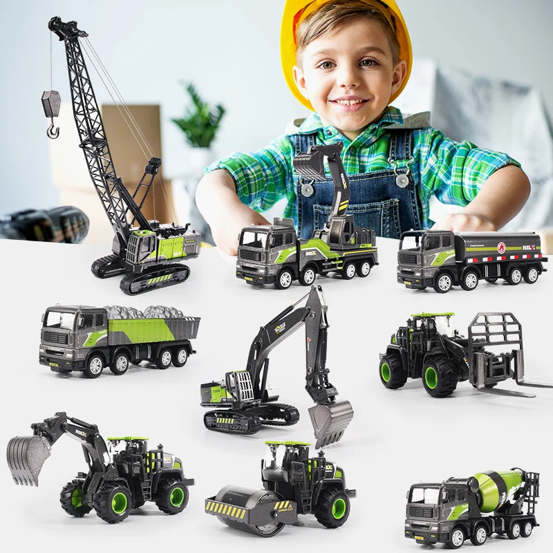 1/50 Diecast Alloy Inertia Engineering Vehicle Model Excavator Crane Forklift Road Roller Collectible Toy Gifts For Boys Kids