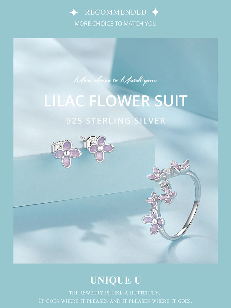 Bamoer 925 Sterling Silver Original Blue Butterfly Ring Lilac Flower Earrings for Women Jewelry Set Anniversary Engagement Gift
