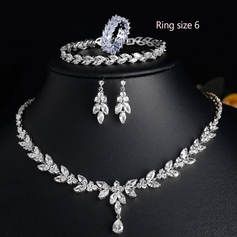 ZAKOL Luxury Brilliant Zirconia Leaf Necklace Earrings Rings Bracelets Set for Women CZ Drop Bridal Wedding Jewelry Sets New