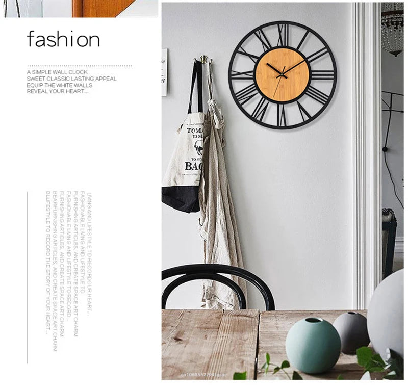 3D Large Wall Clocks Nordic Roman Numerals Retro Round Wood Metal Iron Accurate Silent Hanging Ornament Living Room Decoration