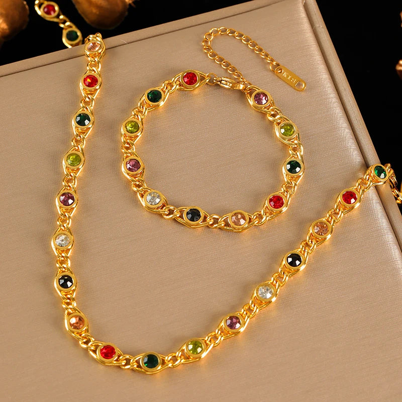 EILIECK 316L Stainless Steel Metal Colored Zircon Chain Necklace Bracelet Set For Women Fashion Statement Waterproof Jewelry