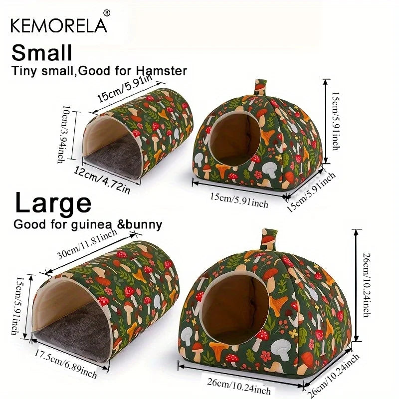 2PCS Glitter Soft Guinea Hideout & Tunnel - Washable Pet Bed with Adorable Mushroom & Flower Design for Hamster Rabbit Small Pet