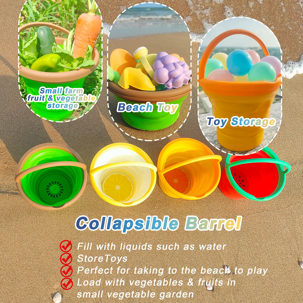 Kids Kitchen Folding Bucket Pretend Play Storage Fruit Children Play Outdoor Fun Education Toys For Boys Girls Beach Gifts