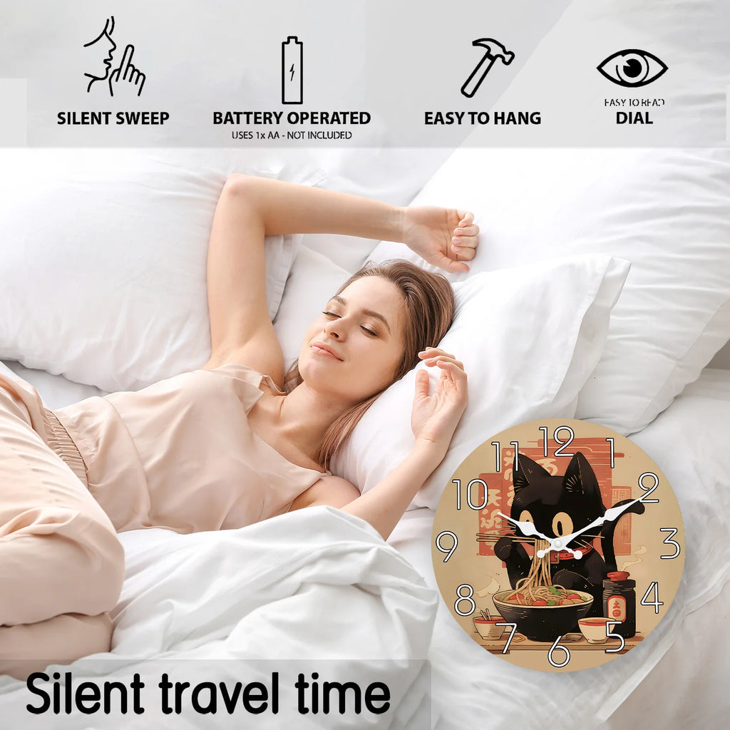 Retro Cute Black Cat Eating Ramen Wooden Wall Clock for Living Room, Bedroom, Kitchen, Home Decoration, Silent Quartz Clock, Holiday Gift, 10 inches, 12 inches, 14 inches 16inch (no battery)