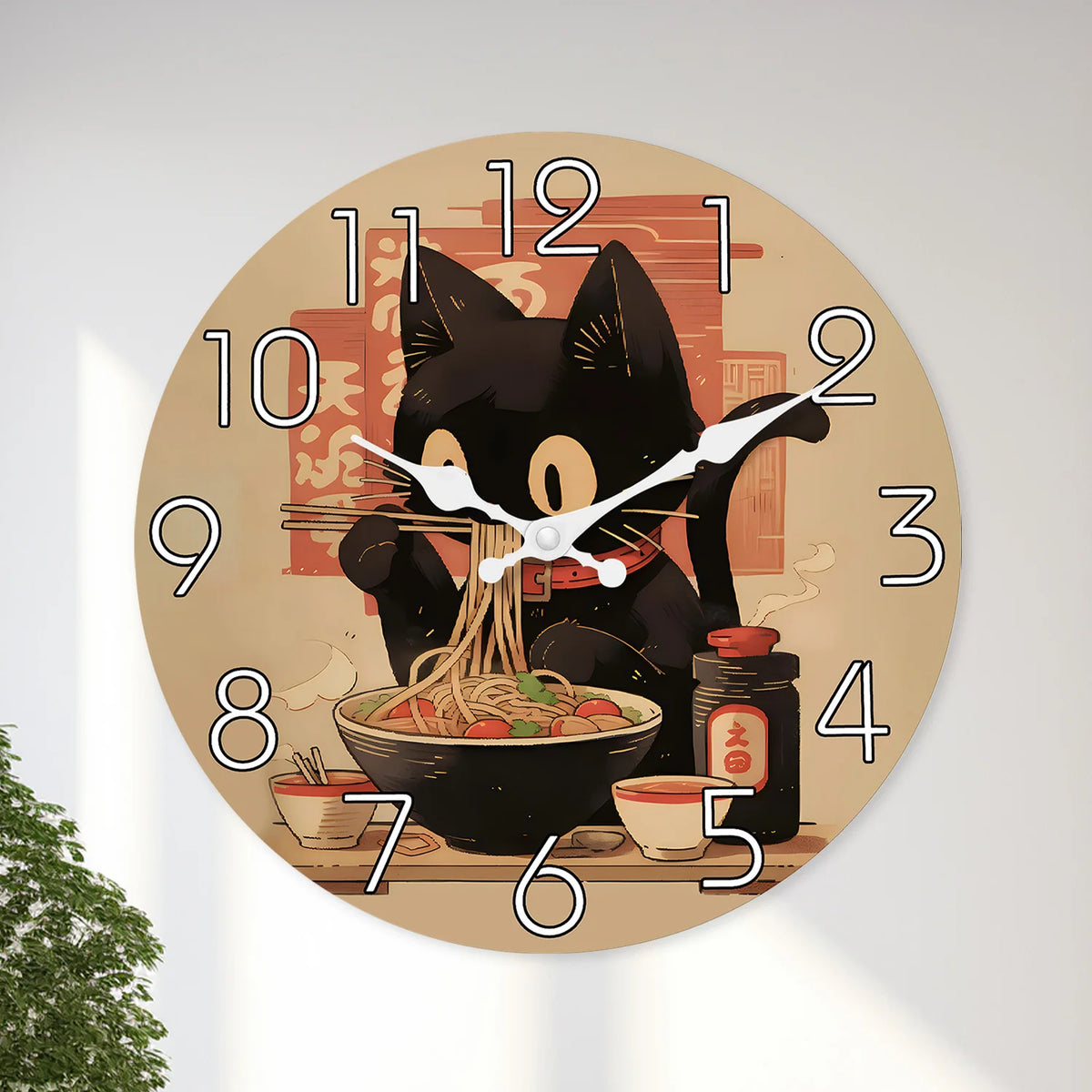 Retro Cute Black Cat Eating Ramen Wooden Wall Clock for Living Room, Bedroom, Kitchen, Home Decoration, Silent Quartz Clock, Holiday Gift, 10 inches, 12 inches, 14 inches 16inch (no battery)