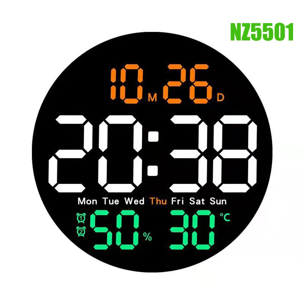 LED Wall Clock with Dual Alarms, Calendar and Temperature Display for Home Decoration. Brightness Adjustable