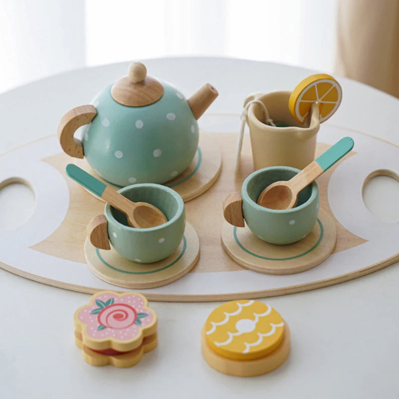 Kids Wooden Tea Set Play House Pretend Make Tea Play With Teapot Teacup Afternoon Snack Role Playing Toys Boys Girls Gift