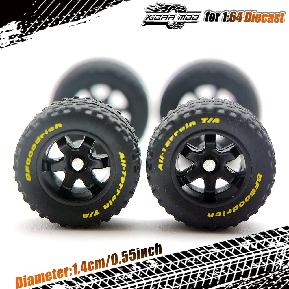 1/64 14mm Rubber Tires Tyre Band Letter & Diecast Car Wheels for 1:64 Off-Road Dedicated to Pickup Trucks, Large Sedan (1 Set)