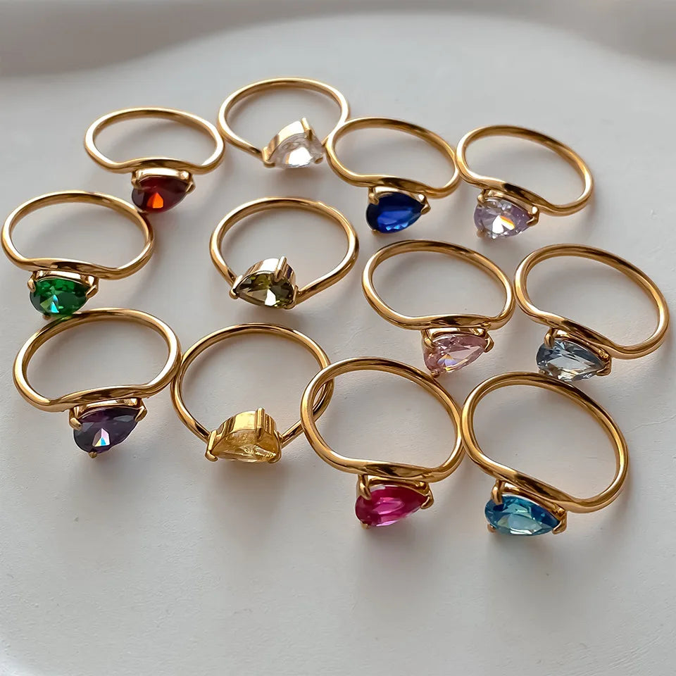 St-Delan Women's High-End Birthstone Ring 12 Colors Teardrop Zircon Ring Perfect Birthday Gift Jewelry Bulk Wholesale