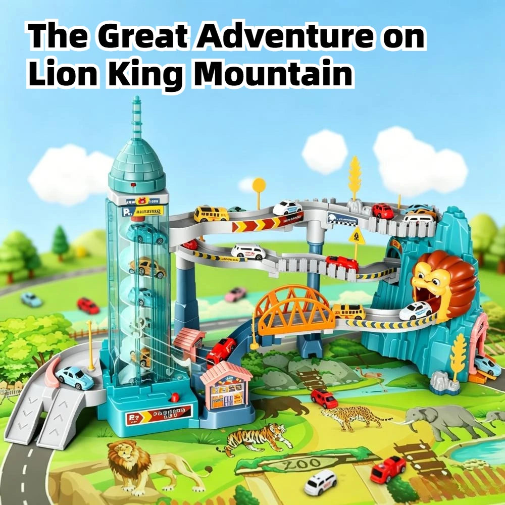 Lion King Mountain Large Adventure Race Track Vehicle Playset with Elevator Tunnel Building Car Track Toy Perfect Birthday Gift