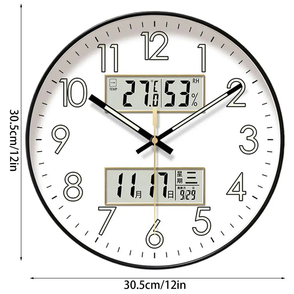 Non Ticking Wall Clock Round Wall Clock Glow In Dark Home Decor Featuring Calendar 10/12/14 Inch Large Digital Display Night