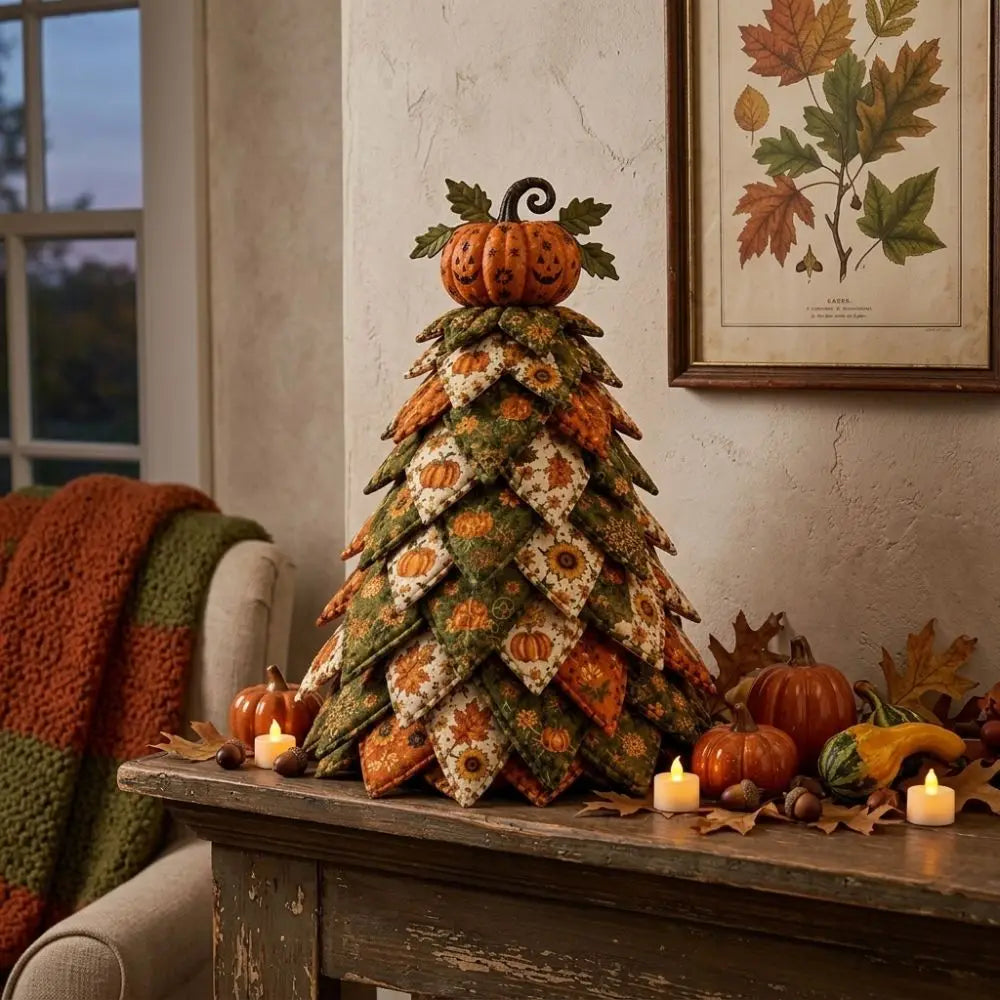 Vintage Halloween Quilted Fabric Tree Kit Pumpkin Ghost Black Cat Spider DIY Patchwork Tabletop Tree Set Tree Ornament 3D Thick