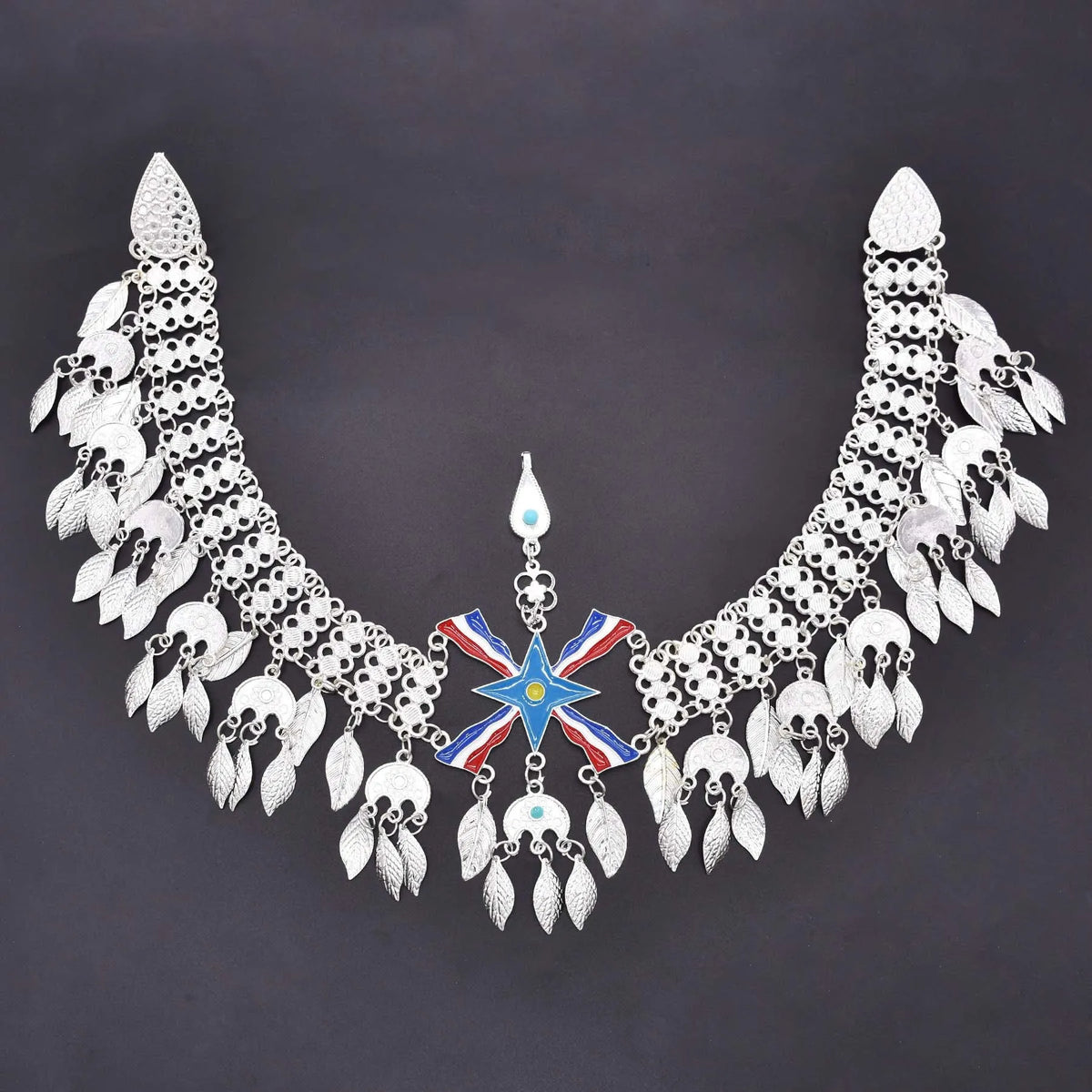 Silver Plated Assyrian Belt Hair Accessories Earrings for Women Kurdish Assyria Ethnic Colorful Flag Leaf Tassel Jewelry Sets