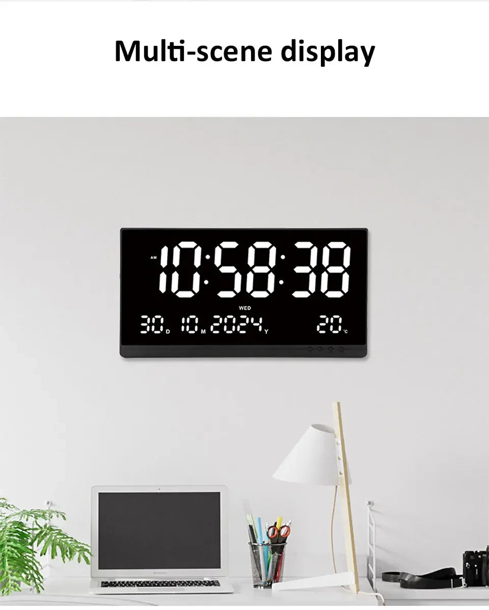 21 Inch Large Digital Wall Clock USB Powered Time Calendar 12/24H Time/Day/Month/Year/Temp Display Electronic LED Alarm Clock