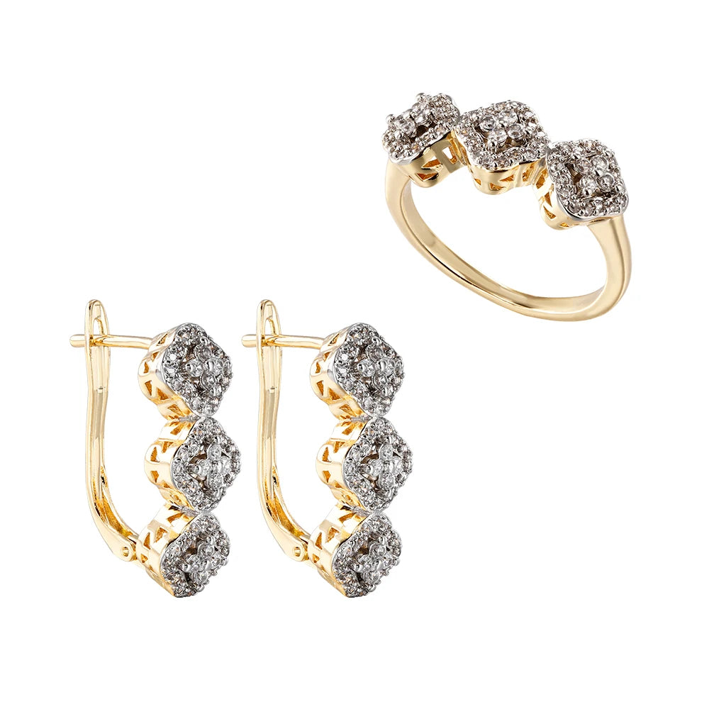 Leaf-shaped inlaid zircon earrings ring three-piece set copper plated 14K gold fashion luxury jewelry party set accessories