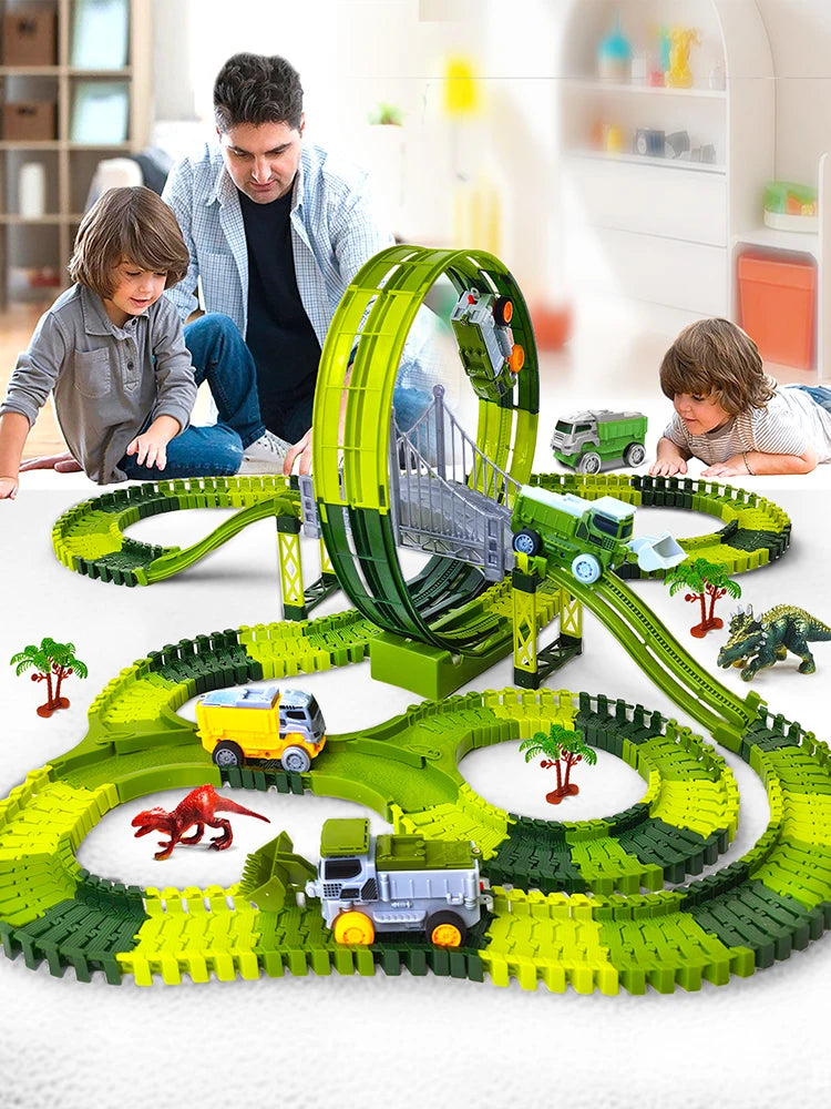 Dinosaur Toy Race Track Featuring Flexible Tracks Electric Cars Magic Climbing Flexible Rail Car Educational Puzzle Toy for Kids