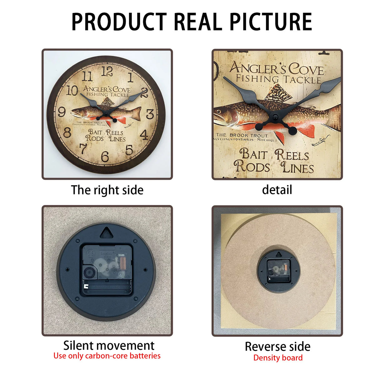Vintage Trout Fishing Tackle Pattern Wooden Wall Clock Living Room Bedroom Kitchen Home Decor Silent Quartz Clock Holiday Gift 10-Inch 12-Inch 14inch 16inch (No Battery)