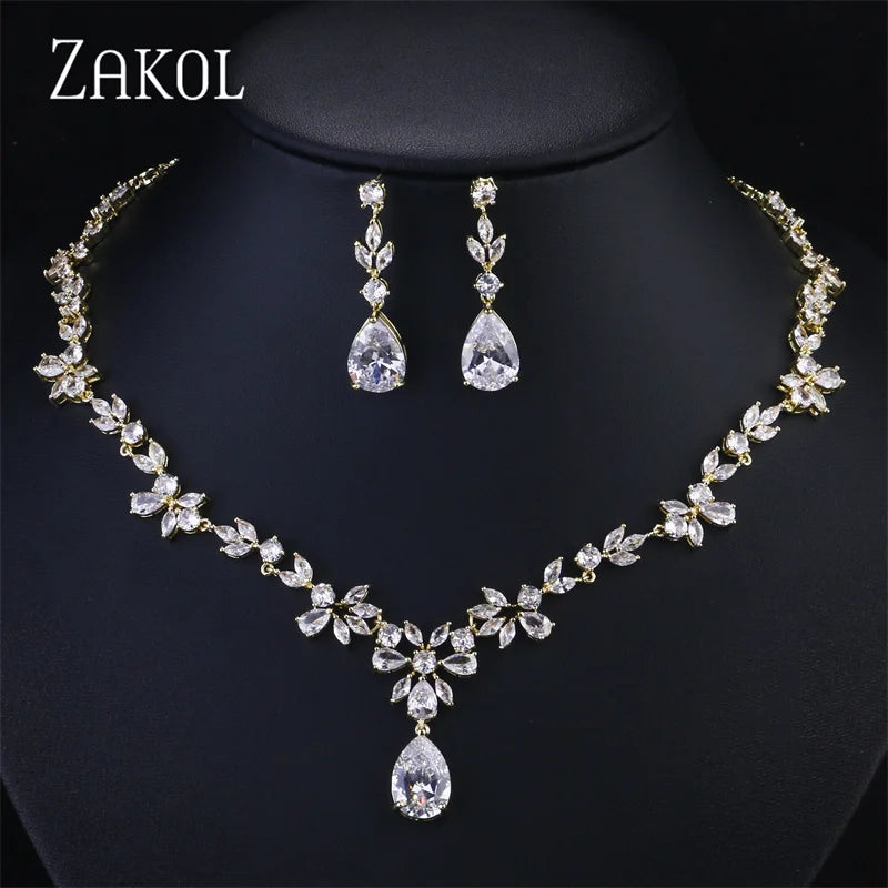ZAKOL Luxury Brilliant Zirconia Leaf Necklace Earrings Rings Bracelets Set for Women CZ Drop Bridal Wedding Jewelry Sets New