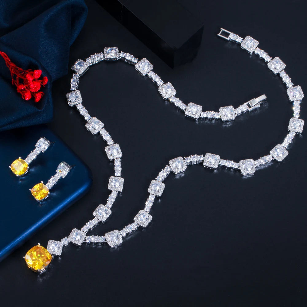 CWWZircons Super Shiny Big Square Yellow Zirconia Wedding Bridal Necklace Earrings Party Costume Jewelry Sets for Women T0726