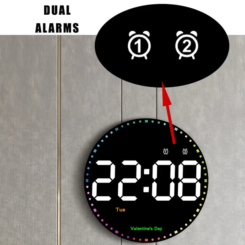 LED Wall Clock with Dual Alarms, Calendar and Temperature Display for Home Decoration. Brightness Adjustable