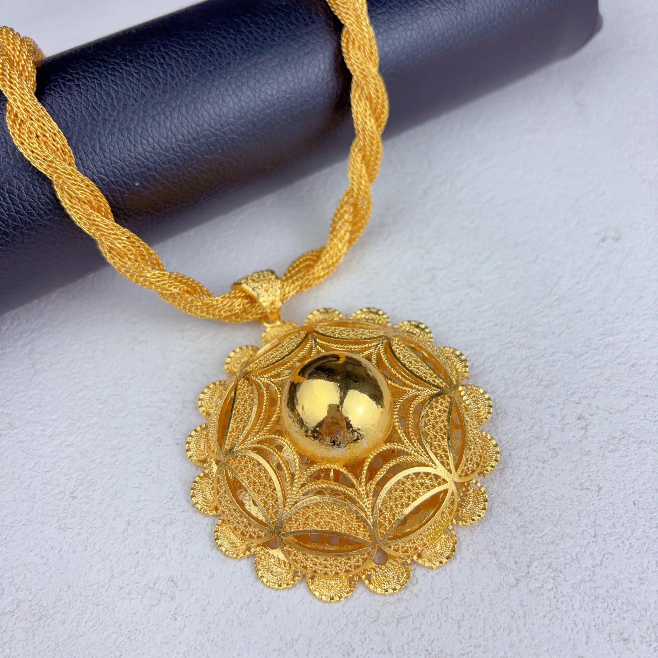 Ethiopian Dubai 24k Plated Gold 6PCS Jewelry Set For Woman African Indian Big Pendant Necklace Wedding Engagement Gifts