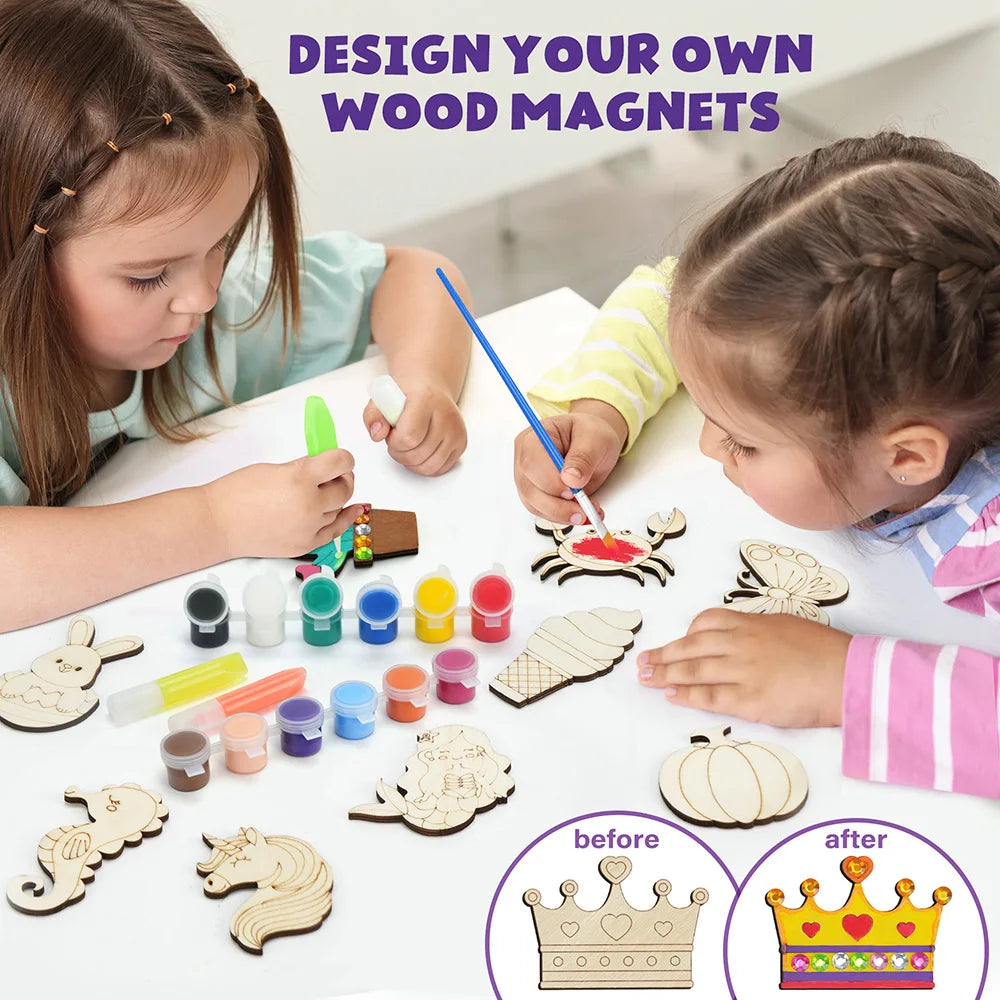 DIY Wooden Magnets Wood Crafts Kit for Kids Glow in The Dark, Arts Supplies Painting Kit, Fun Party Favors for Christmas Gifts