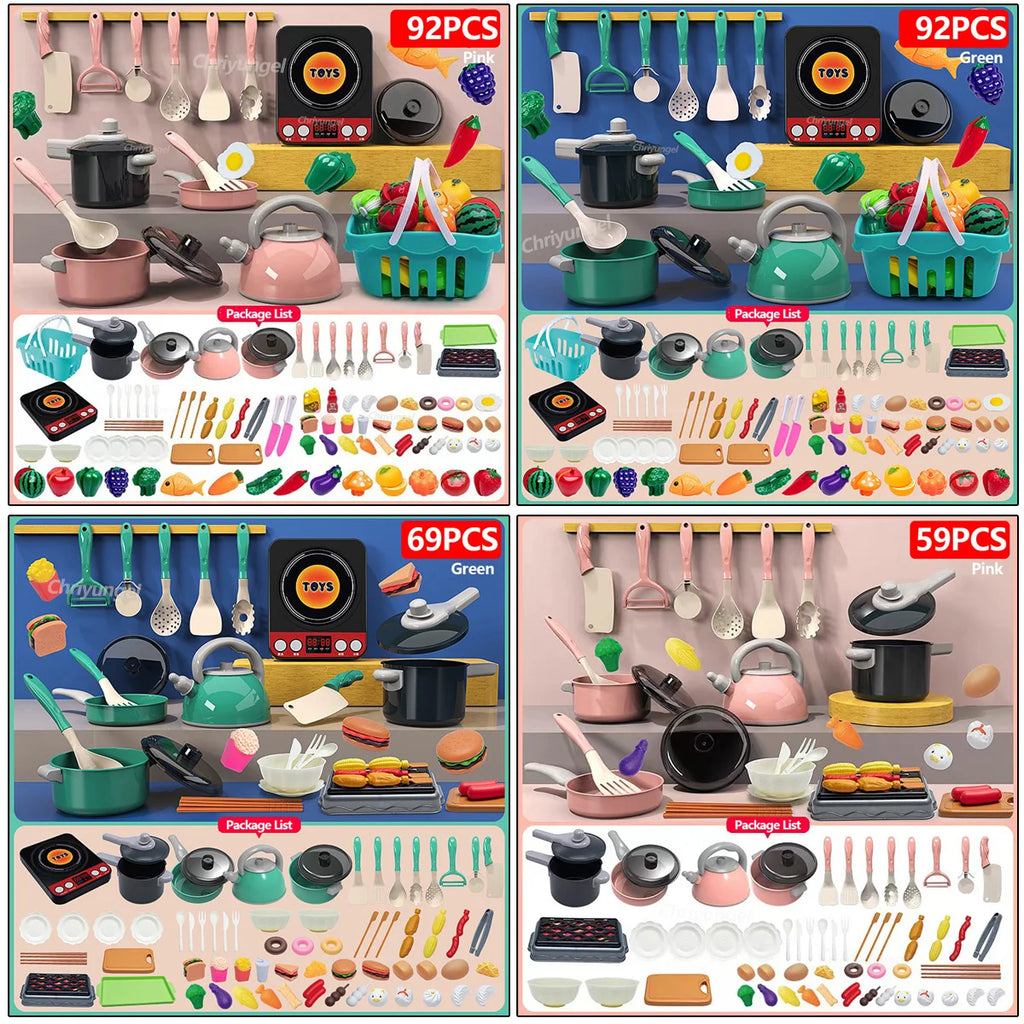 Kids Play Kitchen Toys Set Mini 92/69/59 PCS Pretend Cooking Food with Pots Pans Utensils for Toddlers Girls Boys Children Gift