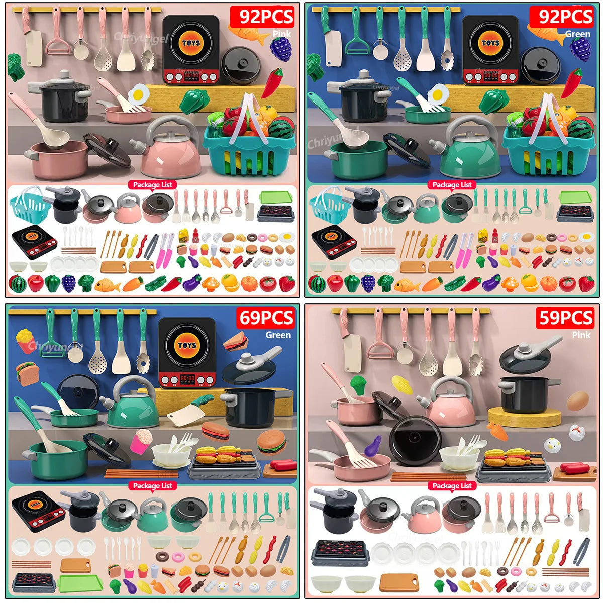 Kids Play Kitchen Toys Set Mini 92/69/59 PCS Pretend Cooking Food with Pots Pans Utensils for Toddlers Girls Boys Children Gift