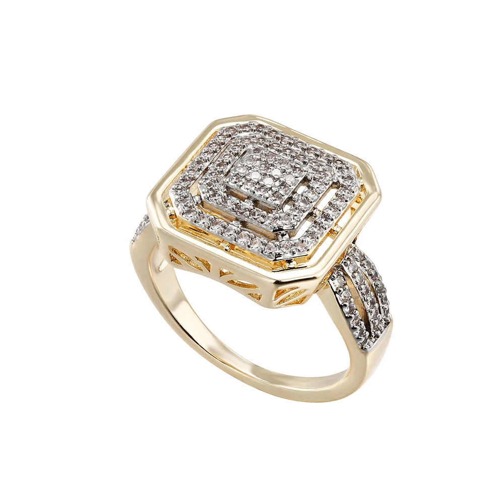 Square hollow design inlaid zircon earrings and ring set retro fashion jewelry copper plated 14K gold banquet holiday decoration