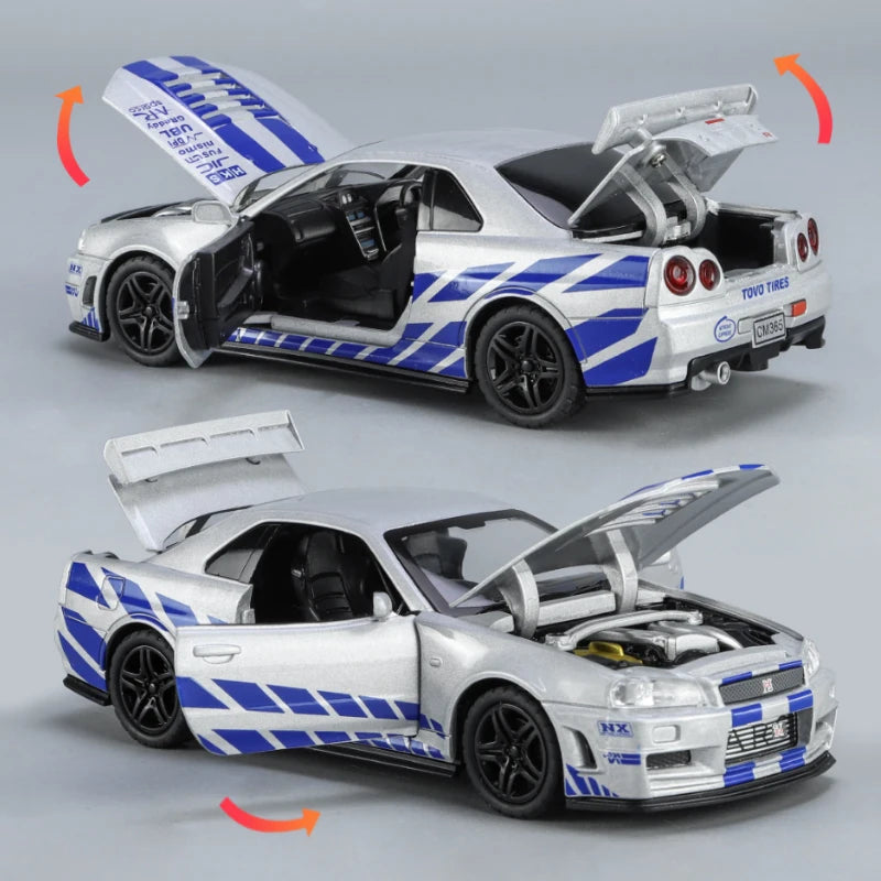1:32 Scale GTR R34 R35 Diecast Model Alloy Toy Sport Cars Sound Light Pull Back high simulation Kid Birthday Gift Collect