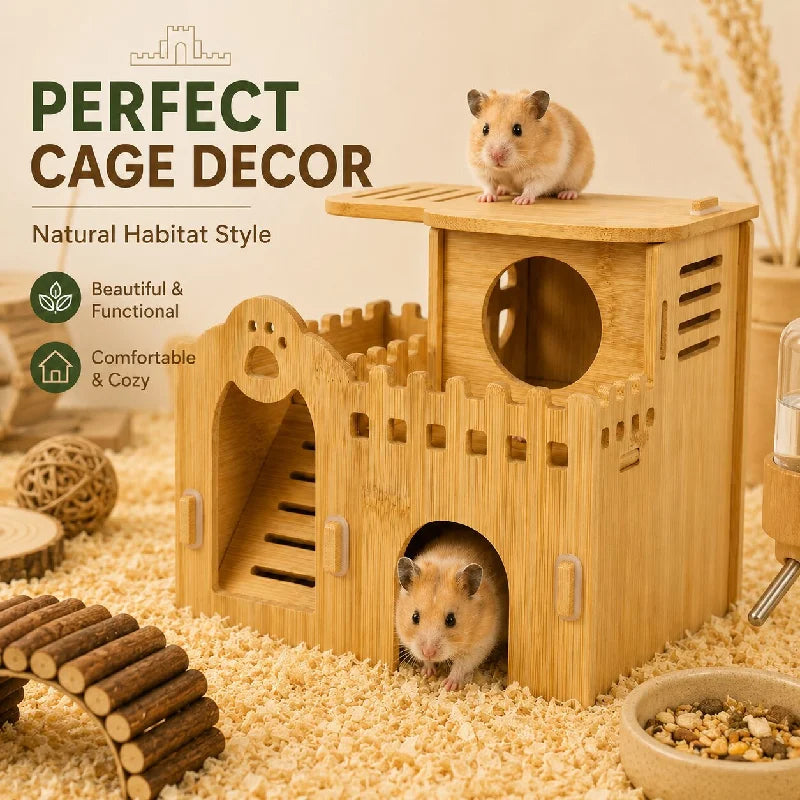 Bamboo Hamster Hideout House - All Season Winter Sleeping Nest for Golden Bear Small Pet Decor Landscape Cage Accessories