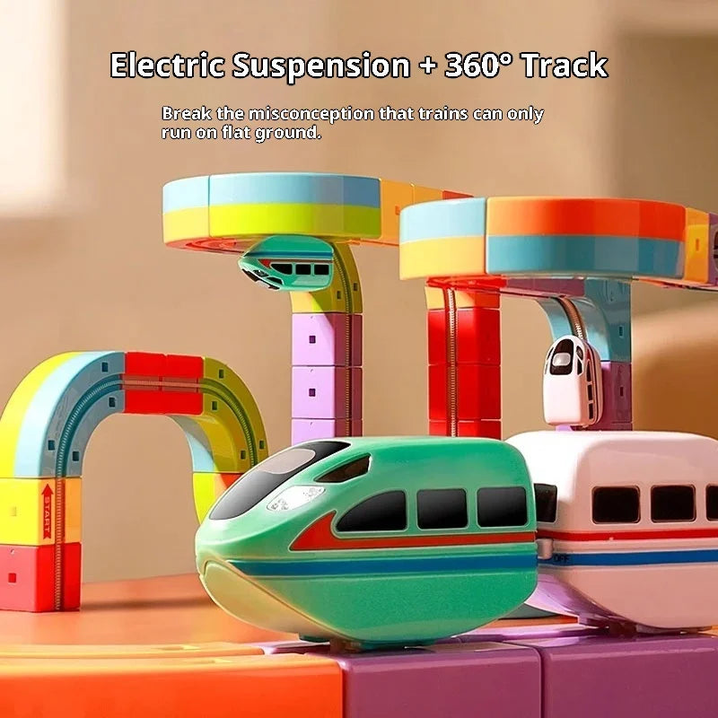 Electric Magnetic Track Set STEM Building Toy 100+ Pieces With Anti-Gravity Vehicles Diy Creative Railway Model For Kids Gifts