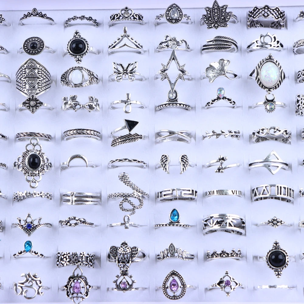 10/20/30/50/100Pcs/Lot Retro Punk Bohemian Rhinestone Carve Rings For Women Mix Style Jewelry Party Gifts Accessories Wholesale