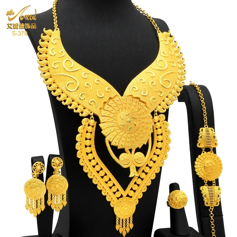 Dubai Indian Necklace Earrings Big Pendant Jewelry Set Gold Color For Women Nigeria African Bridal Wedding Party Jewellery Gifts