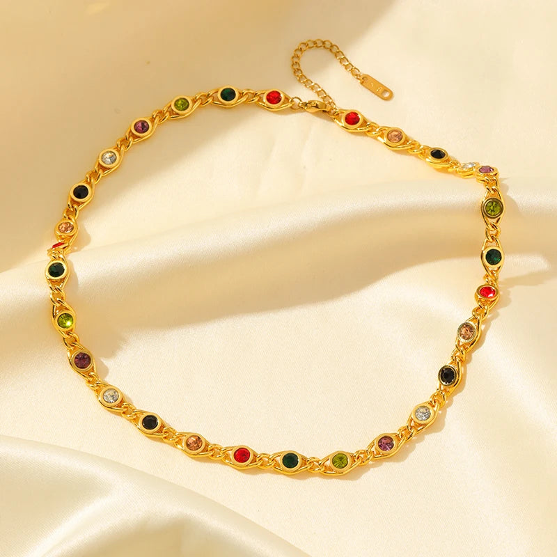 EILIECK 316L Stainless Steel Metal Colored Zircon Chain Necklace Bracelet Set For Women Fashion Statement Waterproof Jewelry