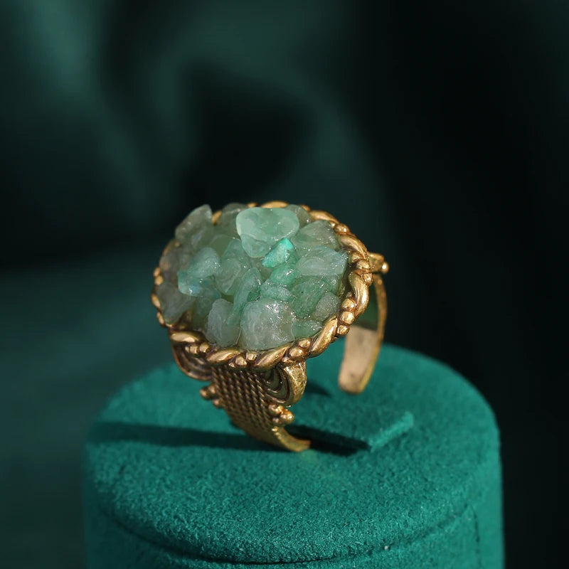Vintage Wedding Rings for Women Round Blue Natural Oval Green Crystal Horse Eye Shape Glass Retro Pattern Gold Color Jewelry