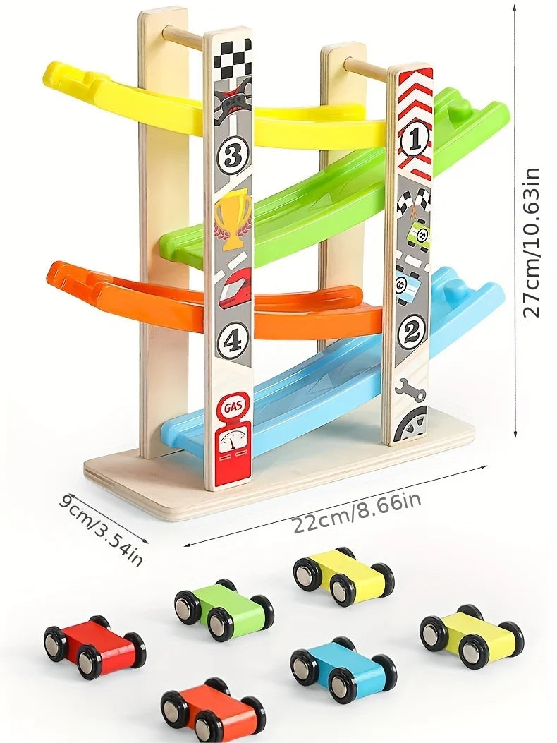 Children's Educational Track 4-Layer Wooden Gliding Car Coasting Racing Car Slide Racing Fun Track Car Educational Toy