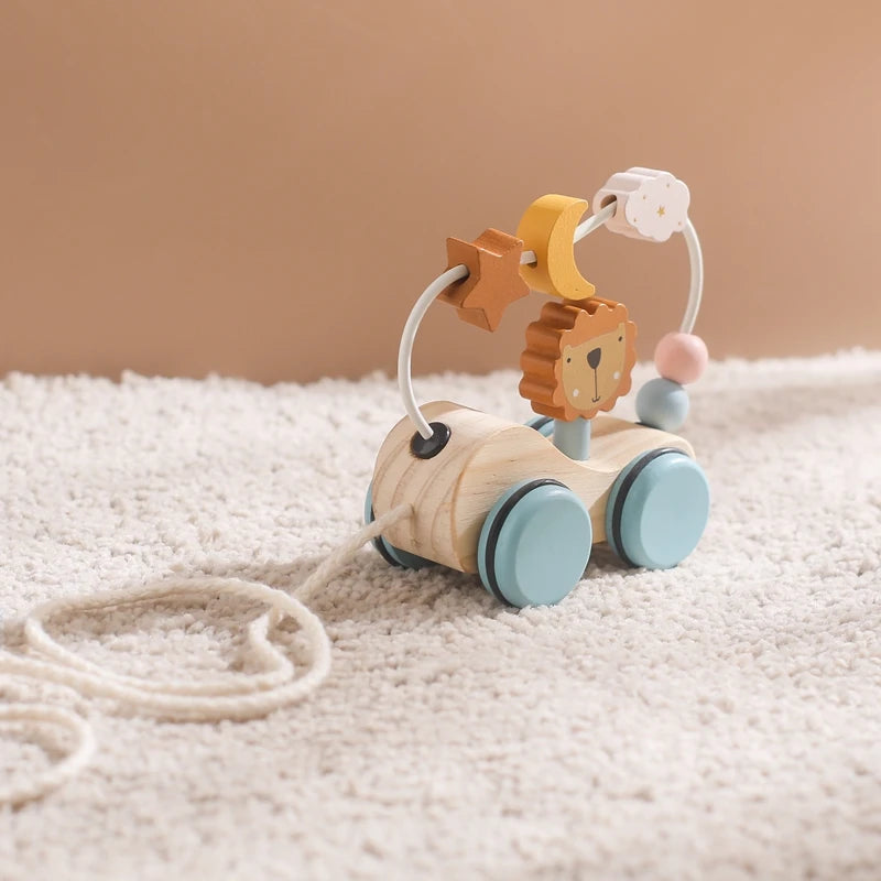 Wooden Montessori Toys Animal Block Dragging Stars Moon Surround Train  Hand Coordination Stacking Toy Handmade Decoration Gifts