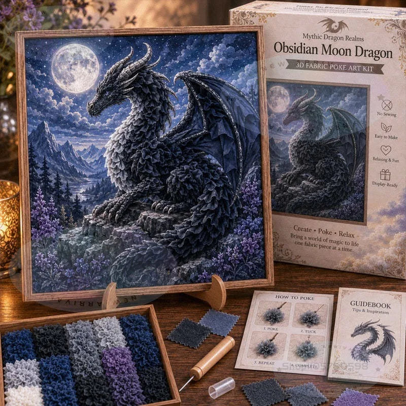 Mythic Dragon Realms 3D Fabric Poke Art Kit, DIY Punch Needle Dragon Craft Kit with Wooden Frame, Fantasy Dragon Home Decor