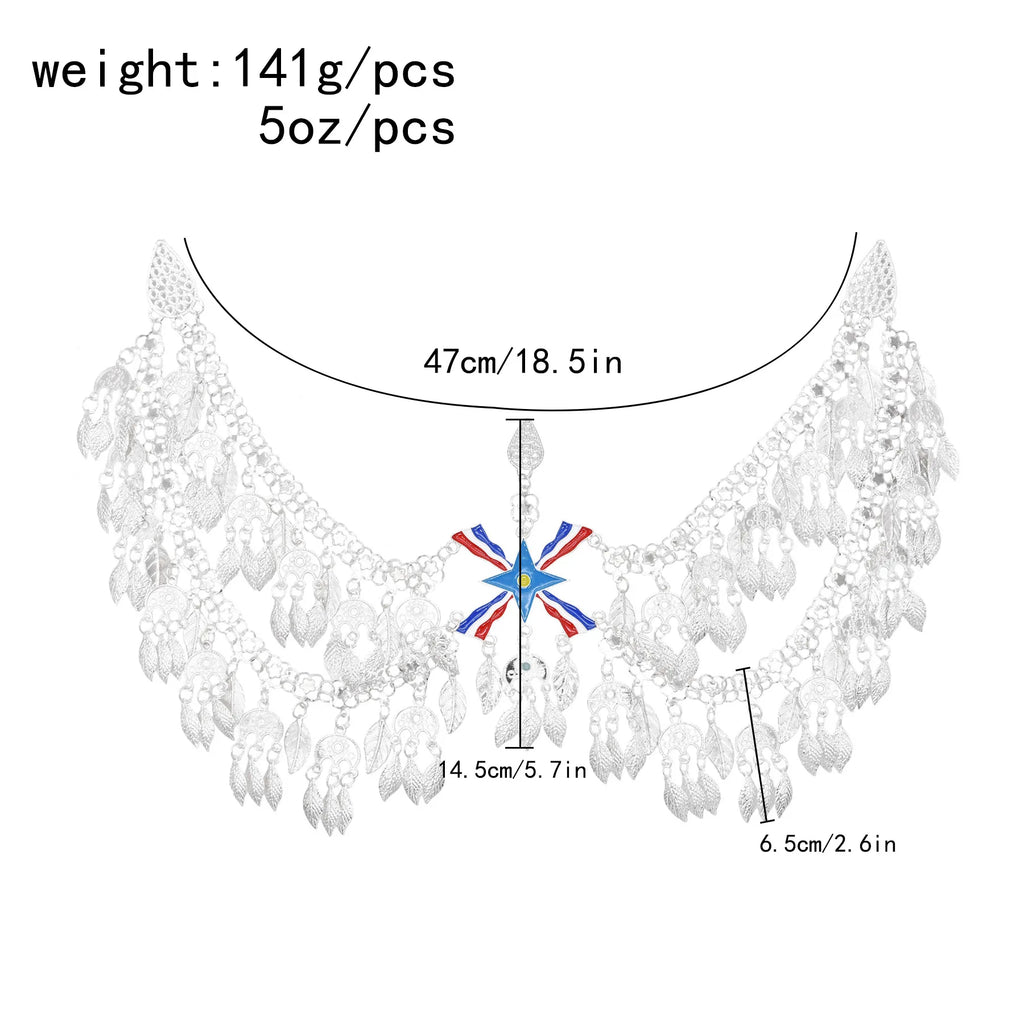 Silver Plated Assyrian Belt Hair Accessories Earrings for Women Kurdish Assyria Ethnic Colorful Flag Leaf Tassel Jewelry Sets
