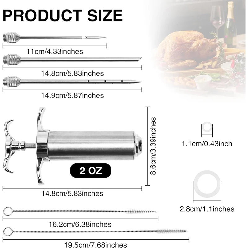 LMETJMA 2 oz Meat Injector Syringe Kit with 3 Marinade Needles Stainless Steel Meat Injector For BBQ Grill Smoker Beef JT334