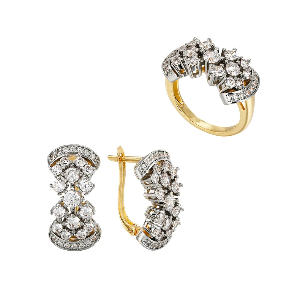 Shiny inlaid zircon earrings ring for women retro fashion jewelry copper plated 14K gold luxury banquet holiday gift jewelry set