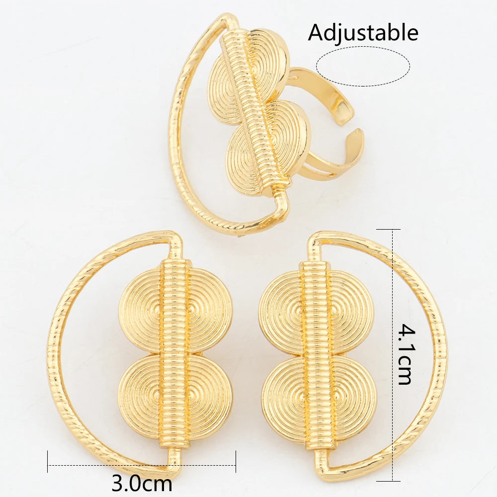 Gold Color Jewelry Set For Women Dubai Round Earrings Adjustable Ring Nigeria Bridal Jewelry Accessories Wedding Bracelet Party