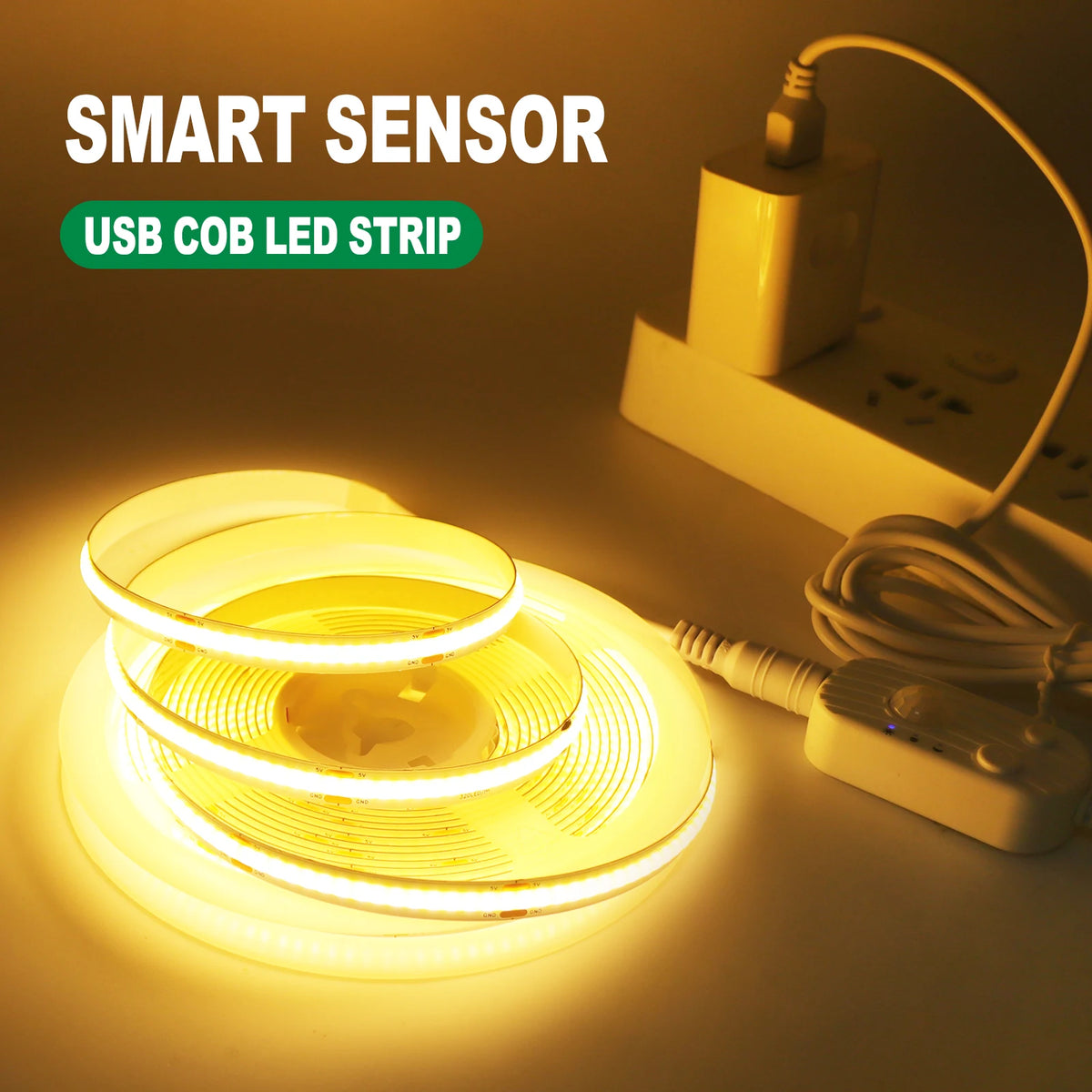 8MM COB LED Strip Light 5V 320LEDs/M Motion Sensor Dimmable Flexible LED Tape Ribbon USB/Battery Powered DIY Backlight for Room
