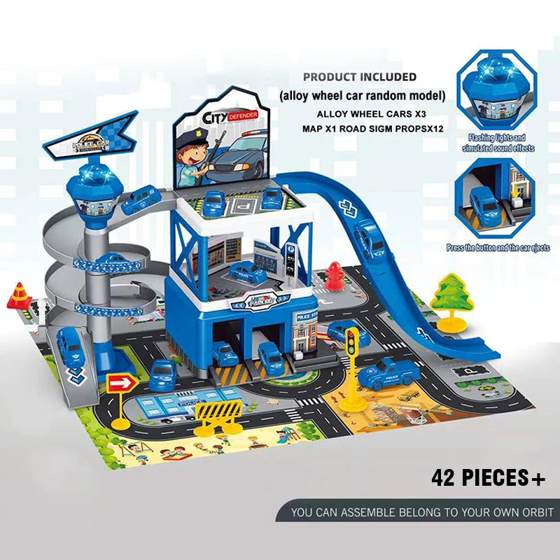 Kids Racing Track with Mini Cars Sliding Parking Lot Toys Multi-Storey Car Parking Fire Police Engineering Vehicle Boy Xmas Gift