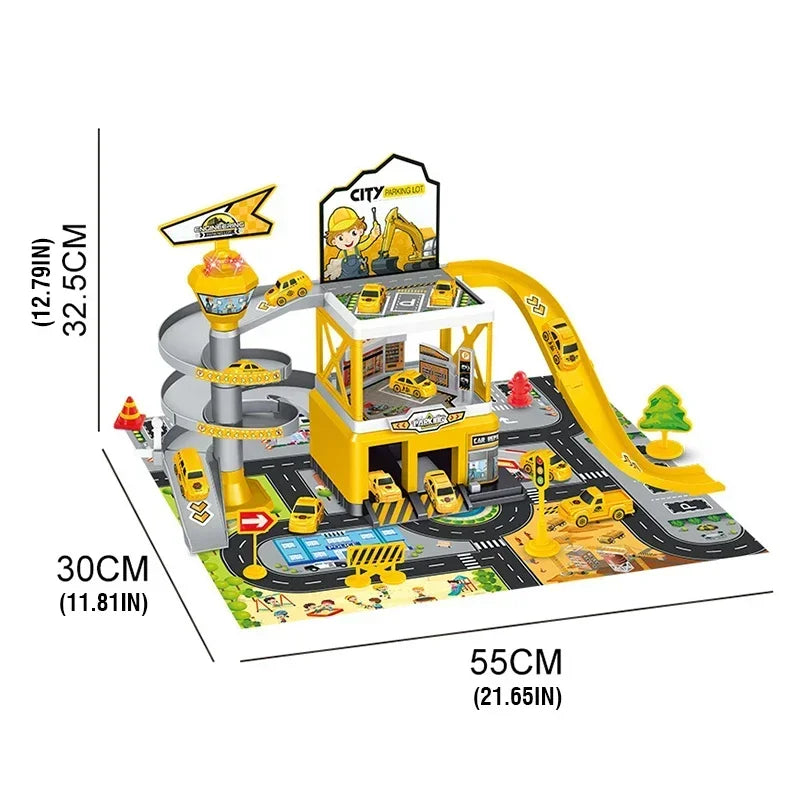 Kids Racing Track with Mini Cars Sliding Parking Lot Toys Multi-Storey Car Parking Fire Police Engineering Vehicle Boy Xmas Gift