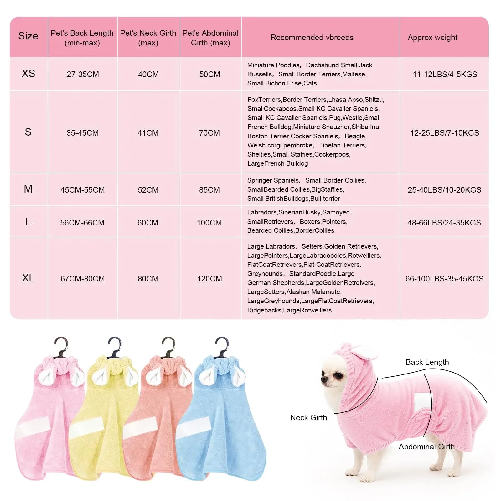 Pet Bathrobe for Dogs and Cats Super Absorbent Pet Dog Bath Towel Hooded Coat Adjustable Collar and Belly StrapXS To L