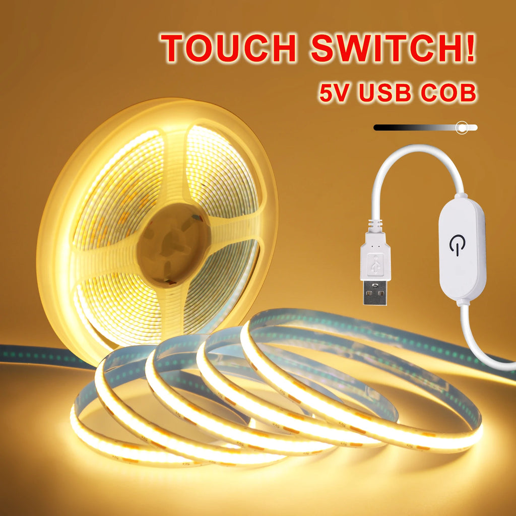 5V COB LED Strip Light 320LEDs/M Touch Sensor Dimmable USB Flexible LED Ribbon Adhesive Tape DIY Mirror TV Backlight Night Light